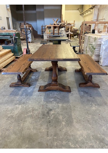 Masif Doğal Ahşap Aslan Ayaklı Kütük Masa (190X90CM) ve Bench (2 Adet 160X43 Cm) fiyatları