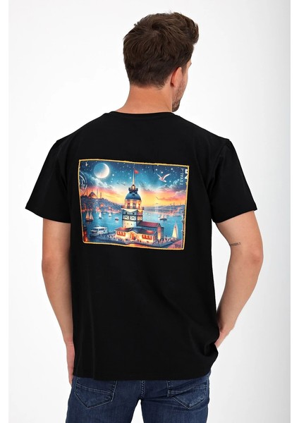 Erkek Yapay Zeka Tasarım Sırt Aplike Özel Baskılı %100 Pamuklu Penye Regular Fit T-Shirt (Kızkulesi)