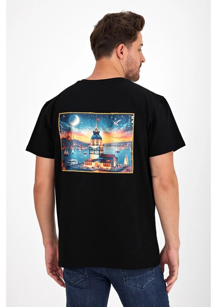 Erkek Yapay Zeka Tasarım Sırt Aplike Özel Baskılı %100 Pamuklu Penye Regular Fit T-Shirt (Kızkulesi)