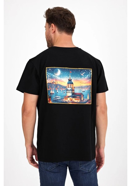 Erkek Yapay Zeka Tasarım Sırt Aplike Özel Baskılı %100 Pamuklu Penye Regular Fit T-Shirt (Kızkulesi)