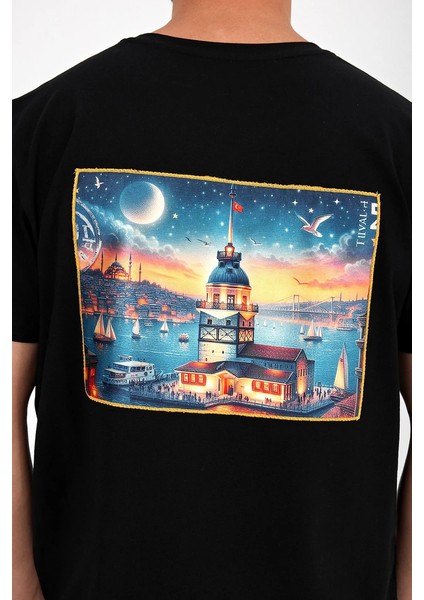 Erkek Yapay Zeka Tasarım Sırt Aplike Özel Baskılı %100 Pamuklu Penye Regular Fit T-Shirt (Kızkulesi)