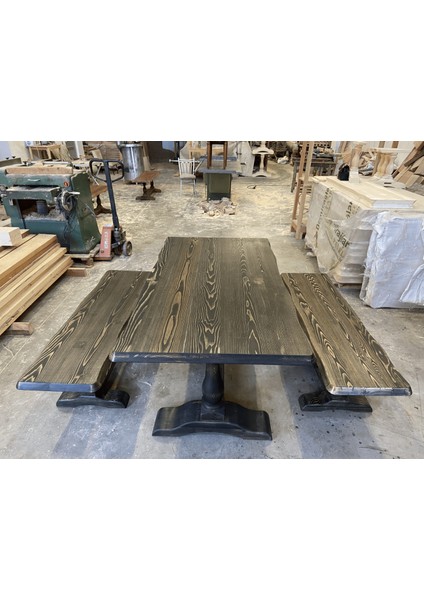 Masif Doğal Ahşap Aslan Ayaklı Kütük Masa (160X90 Cm) ve Bench (2 Adet 140X43 Cm)