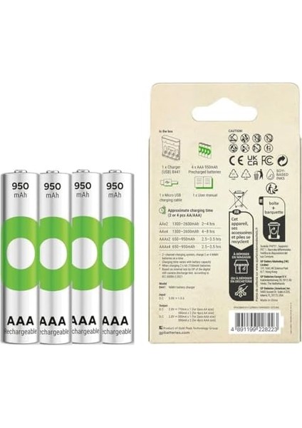 B441 USB Pil Şarj Cihazı 4 Adet 950MAH Aaa Ince Pilli Set
