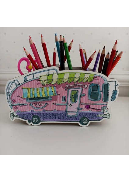Ahşap Kalemlik Pembe Karavan
