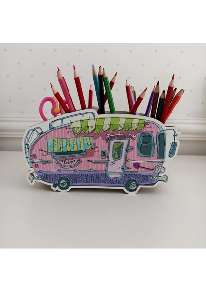 Ahşap Kalemlik Pembe Karavan