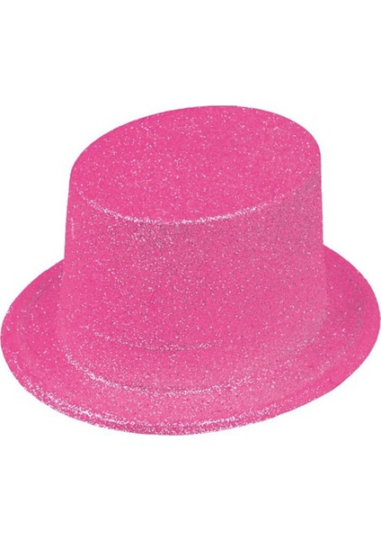 Floresan Pembe Renk Simli Uzun Fötr Melon Şapka 12 cm