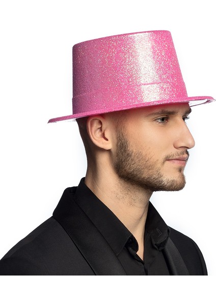 Floresan Pembe Renk Simli Uzun Fötr Melon Şapka 12 cm