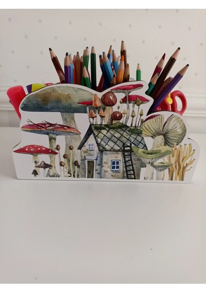 Ahşap Mantar Ev Şeklinde Kalemlik