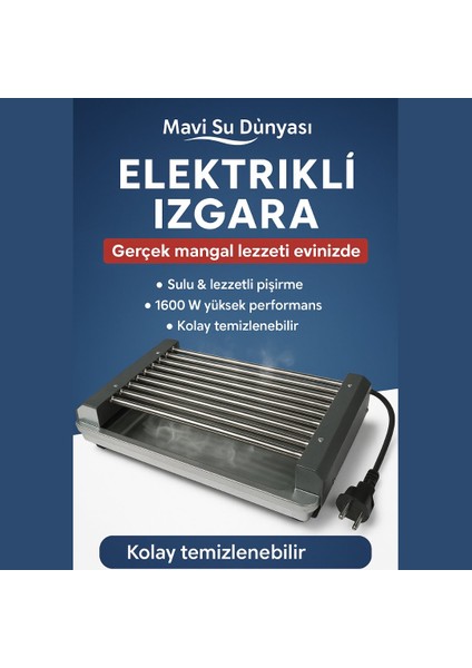 Elektrikli Izgara | Bbq Izgara | Paslanmaz Izgara | 1600W | Mavi Su Dünyası