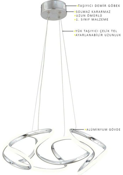 UltraNova Modern krom sarkıt avize, beyaz LED ışık, 45x45 cm, alüminyum malzeme