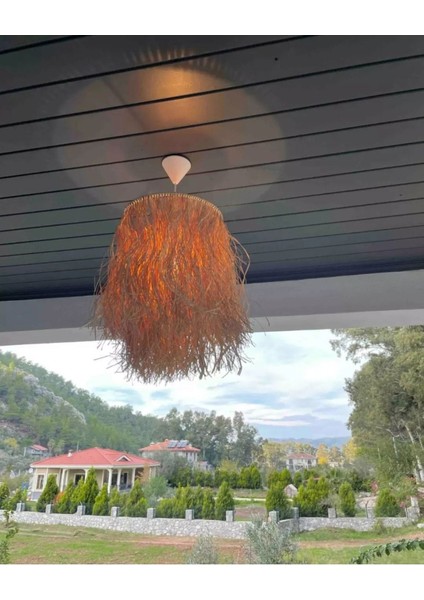 UltraNova Haki Hasır Doğal Saçaklı Dekoratif Avize, Şık ve Sıcak Ambiyans Yaratır