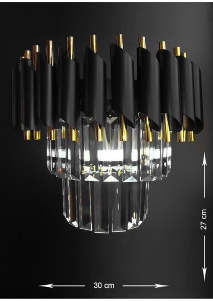 UltraNova Şık Kristal Taşlı Metal Duvar Aplikği, 30 cm, Siyah ve Altın Renkli