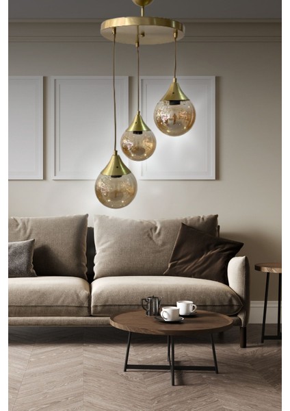 UltraNova 3'lü Eskitme Detaylı Cam Avize, Metal, 30x60, Yatak Odası, Salon, Mutfak, Hol