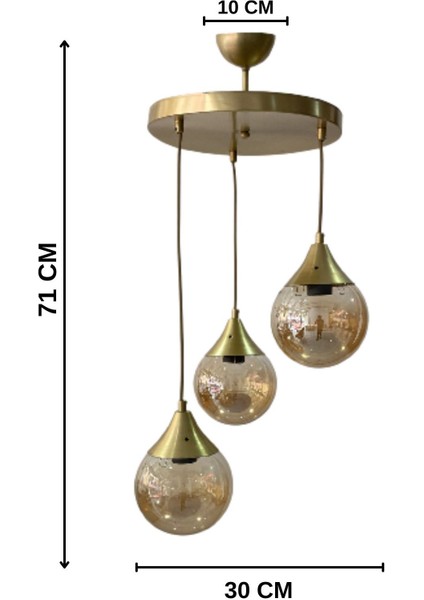 UltraNova 3'lü Eskitme Detaylı Cam Avize, Metal, 30x60, Yatak Odası, Salon, Mutfak, Hol modelleri