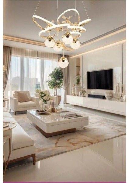 UltraNova Şık Modern Sarkıt LED Avize, 3 Renkli, Altın Kaplama, Alüminyum, 55x57 cm