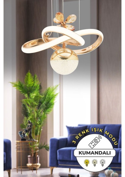 UltraNova 3 Renkli Kumandalı Gold Kaplama Sarkıt LED Avize, dimmerli, modern ve şık tasarım