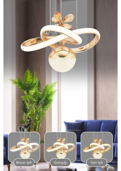 UltraNova 3 Renkli Kumandalı Gold Kaplama Sarkıt LED Avize, dimmerli, modern ve şık tasarım