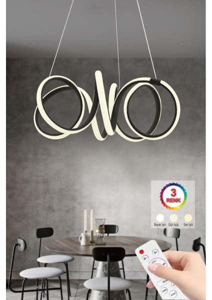 UltraNova Modern Siyah Led Avize, 3 Renk Kumandalı, Metal, 40x41 cm
