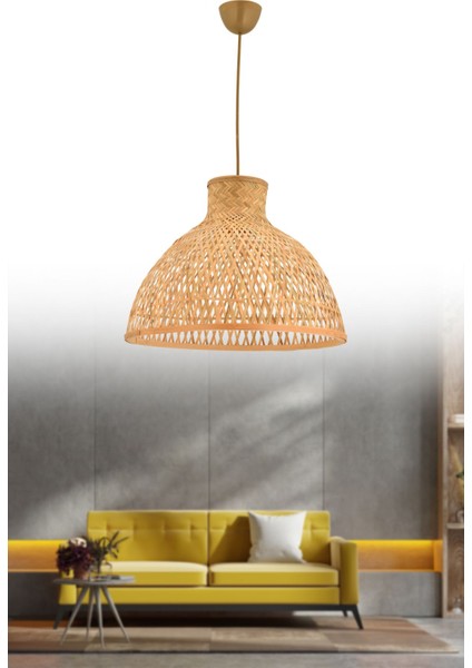 UltraNova Modern Rattan Avize, Bambu Detaylı, Eskitme Tarz, 40 cm, Şık ve Şık Aydınlatma