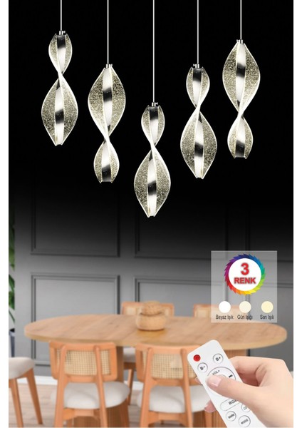 UltraNova Modern 5'li Ledli Metal Avize, Kumandalı, 3 Renk Seçeneği