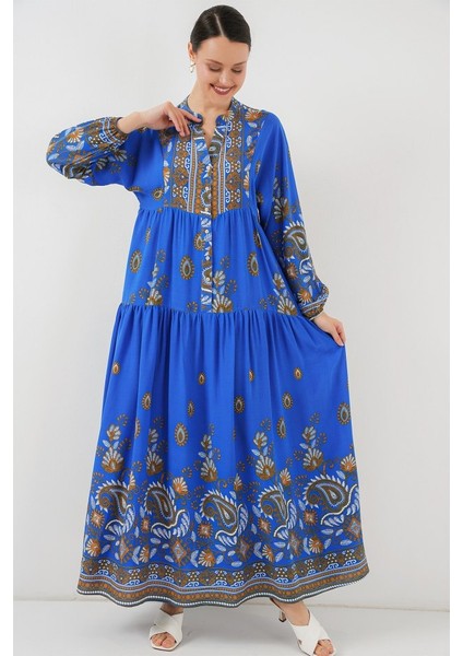 2423 Otantik Desenli Tesettür Elbise - Saks 1