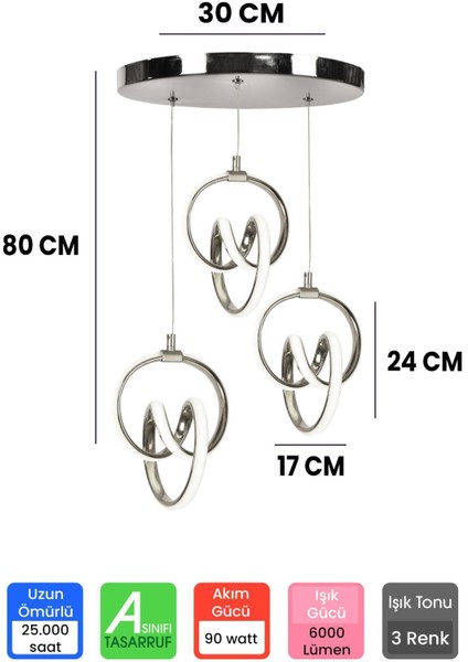 UltraNova 3 Renk Kumandalı Krom Kasa Dimmerli Led Avize, Alüminyum, 3 Başlık, 30x30 cm