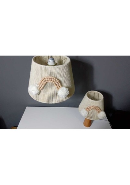 UltraNova Ekru Makrome Avize Abajur Set, Ahşap Boncuklu, Çelik Malzeme, E27 Uyumlu, 20x30 cm