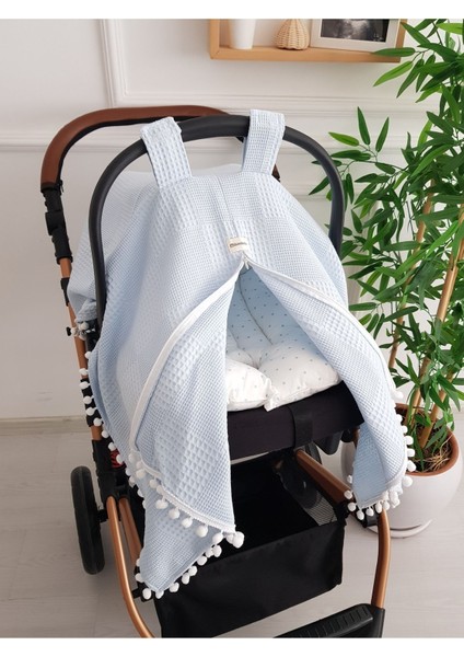 Waffle Pikeli Fermuarlı Bebek Puset Örtüsü ve Çift Taraflı Puanlı Bebek Puset Minderi