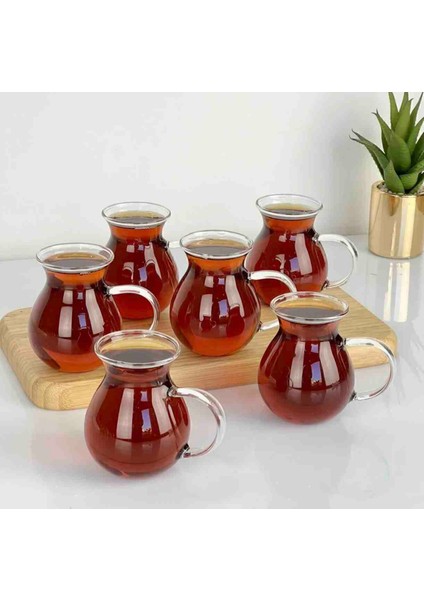 6 Kişilik Keyfi Ala Borasilikat Cam Kulplu Çay Bardağı