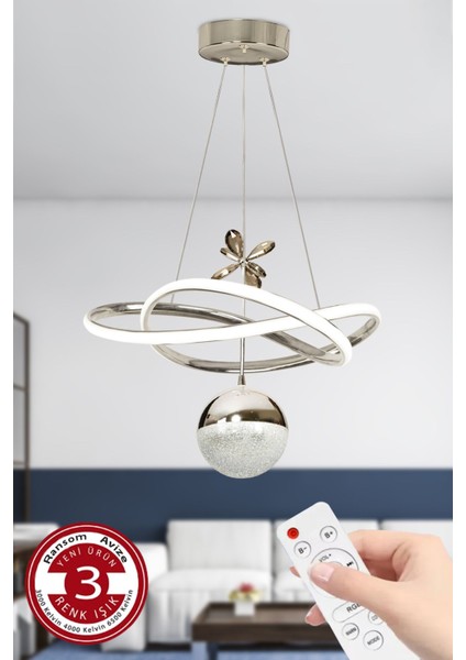 UltraNova 3 Renk Toplu Krom Gümüş Dimmerli Led Avize, Alüminyum, 37x21 cm