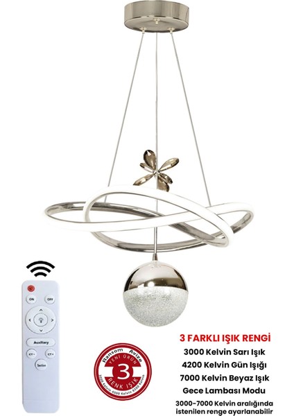 UltraNova 3 Renk Toplu Krom Gümüş Dimmerli Led Avize, Alüminyum, 37x21 cm modelleri