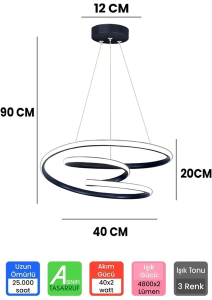 UltraNova 3 Renk Kumandalı Siyah Alüminyum LED Avize 20x40 cm fiyatları