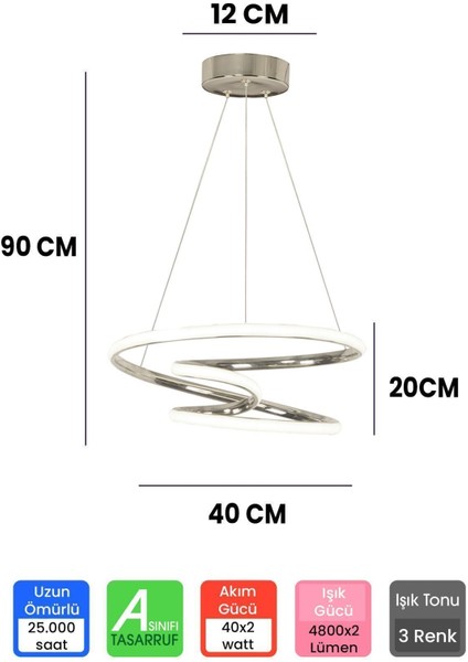 UltraNova 3 Renk Kumandalı Krom Dimmerli Led Avize, Alüminyum, 20x40 cm, 1 Ampüllü