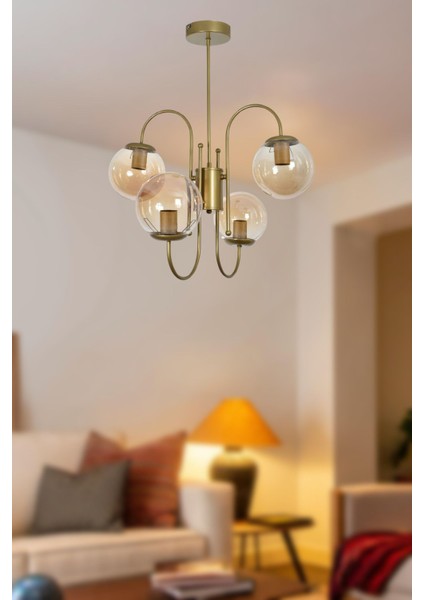 UltraNova Modern salon ve mutfak sarkıt avize, bal renk, cam detaylı, 4'lü, şık tasarım