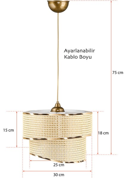 UltraNova Şeritli Hazeran ve Gold Abajur Seti, Krom, 3'lü, 30x60 cm, şık aydınlatma.