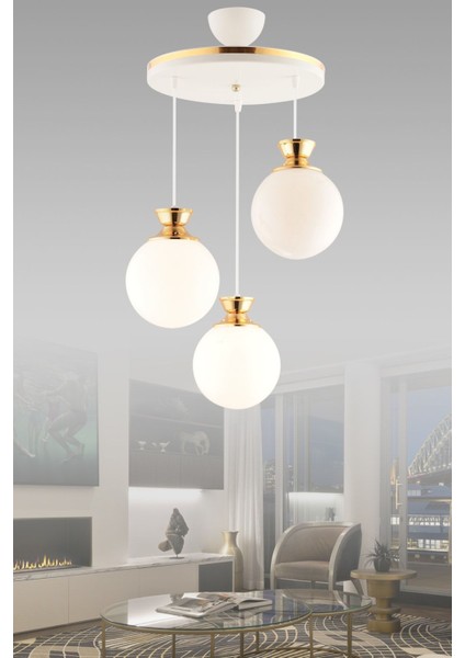 UltraNova Modern 3lü metal ve cam avize, şık beyaz tasarım, salon dekorunu tamamlar.