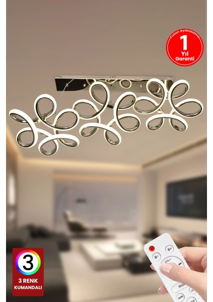 UltraNova Üçlü Renkli Kumandalı Led Avize, Alüminyum, 60x60, Modern Salon ve Oturma Odası Dekoru
