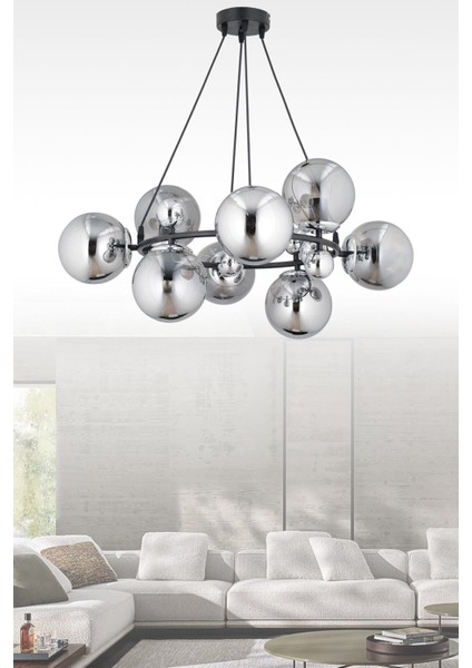 UltraNova Füme camlı 8'li metal avize, modern ve şık tasarım, 75x75 cm, çok yönlü kullanım