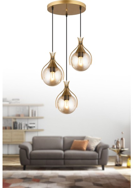 UltraNova Modern 3'lü bal cam avize, hasır detaylı, şık ve sıcak aydınlatma sağlar.