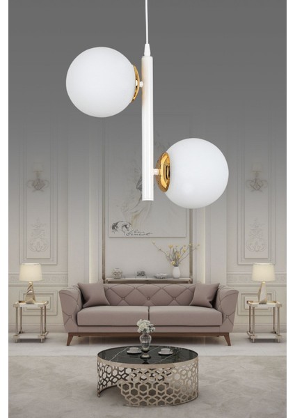 UltraNova Modern Beyaz 2'li Camlı Metal Avize, Oturma, Yatak Odası ve Salon İçin 51x60 cm