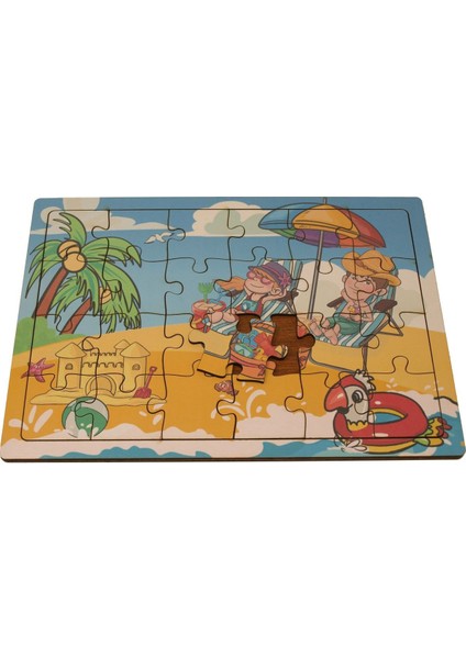 UltraNova Yaz Tatili Ahşap Puzzle 24 Parça Renkli Metalik Baskı Keyifli Zaman