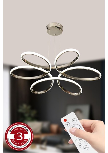 UltraNova 3 Renk Kumandalı Papatya Led Avize, Modern ve Şık Tasarım, Krom, 50x50cm