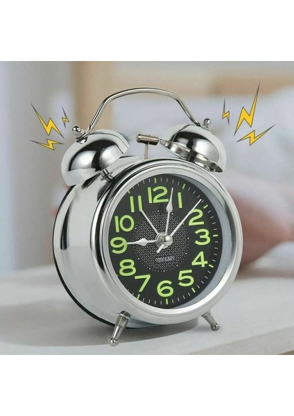 UltraNova Vintage metal masa saati, büyük boy, analog gösterge, ışıklı alarm, şık gri tasarım