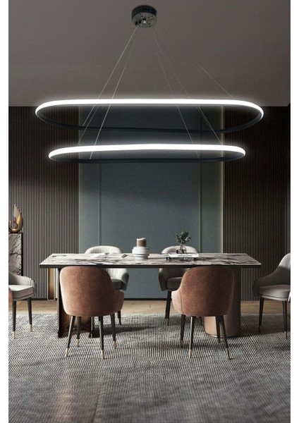 Modern Siyah Yemek Masa Avizesi, 3 Renk LED Aydınlatmalı, Modern Salon Avizesi,ofis LED Avizesi
