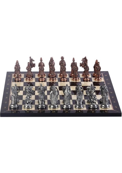 Büyük Boy Metal Osmanlı Bizans Satranç Takımı Antik ve Ceviz Desenli Mdf Ahşap Satranç Tahtası (37X37 Cm.)