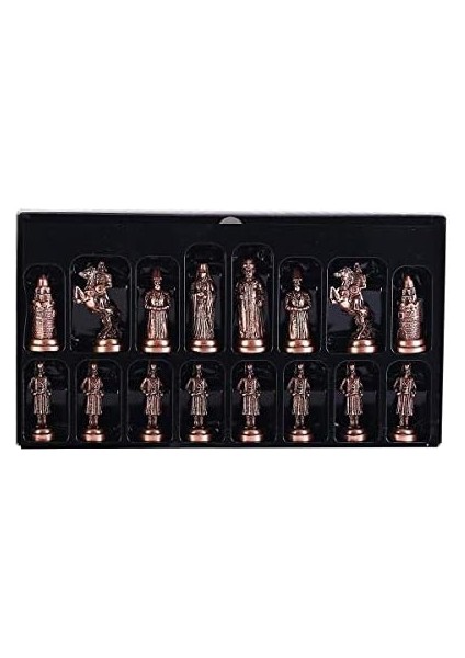 Büyük Boy Metal Osmanlı Bizans Satranç Takımı Antik ve Ceviz Desenli Mdf Ahşap Satranç Tahtası (37X37 Cm.)