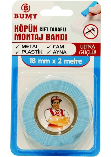 Çift Taraflı Köpük Montaj Bandı 18 mm x 2 mt - Iç ve Dış Mekan Kullanıma Uygun