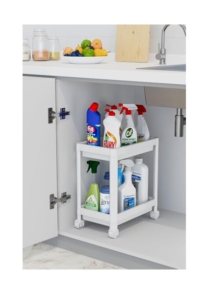 2 Katlı Tekerlekli Düzenleyici Raf, Banyo Dolabı, Mutfak Tezgah ve Evye Altı