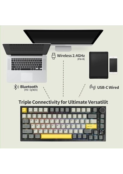 Ajazz AK820 Pro 3 Modlu%75 Mekanik Klavye, Tft Akıllı Ekran ve Düğmeye Sahip Gasket-Mounted Oyuncu Klavyesi, Bluetooth 5.1/2.4g Kablosuz/type-C Kablolu (AK820 Pro - Sarı Siyah - Gift Switch)