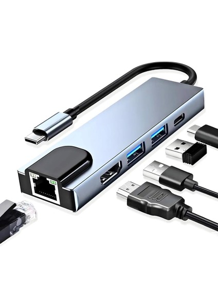 5in1 Type-C (Usb-C) HDMI Hub ve RJ45 Lan (Ethernet) Adaptörü: 4K (1080P) Hdmı, 2 x USB 3.0 ve Type-C USB Port Çoklayıcı Çevirici